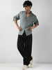 Men's Metallic Blue Linen Blend Full Sleeve Relaxed Fit Mandarin Collar Casual Solid Shirt