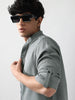 Men's Metallic Blue Linen Blend Full Sleeve Relaxed Fit Mandarin Collar Casual Solid Shirt