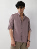 Men's Purple Linen Blend Full Sleeve Relaxed Fit Mandarin Collar Casual Solid Shirt