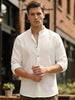 Men's White Linen Blend Full Sleeve Relaxed Fit Mandarin Collar Casual Solid Shirt