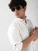 Men's White Linen Blend Full Sleeve Relaxed Fit Mandarin Collar Casual Solid Shirt