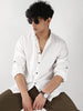 Men's White Linen Blend Full Sleeve Relaxed Fit Mandarin Collar Casual Solid Shirt