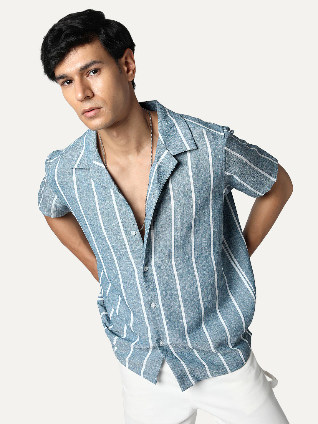 Men's Aqua Cotton Half Sleeve Relaxed Fit Linen Striped Shirt with Cuban Collar