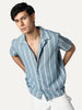 Men's Aqua Cotton Half Sleeve Relaxed Fit Linen Striped Shirt with Cuban Collar