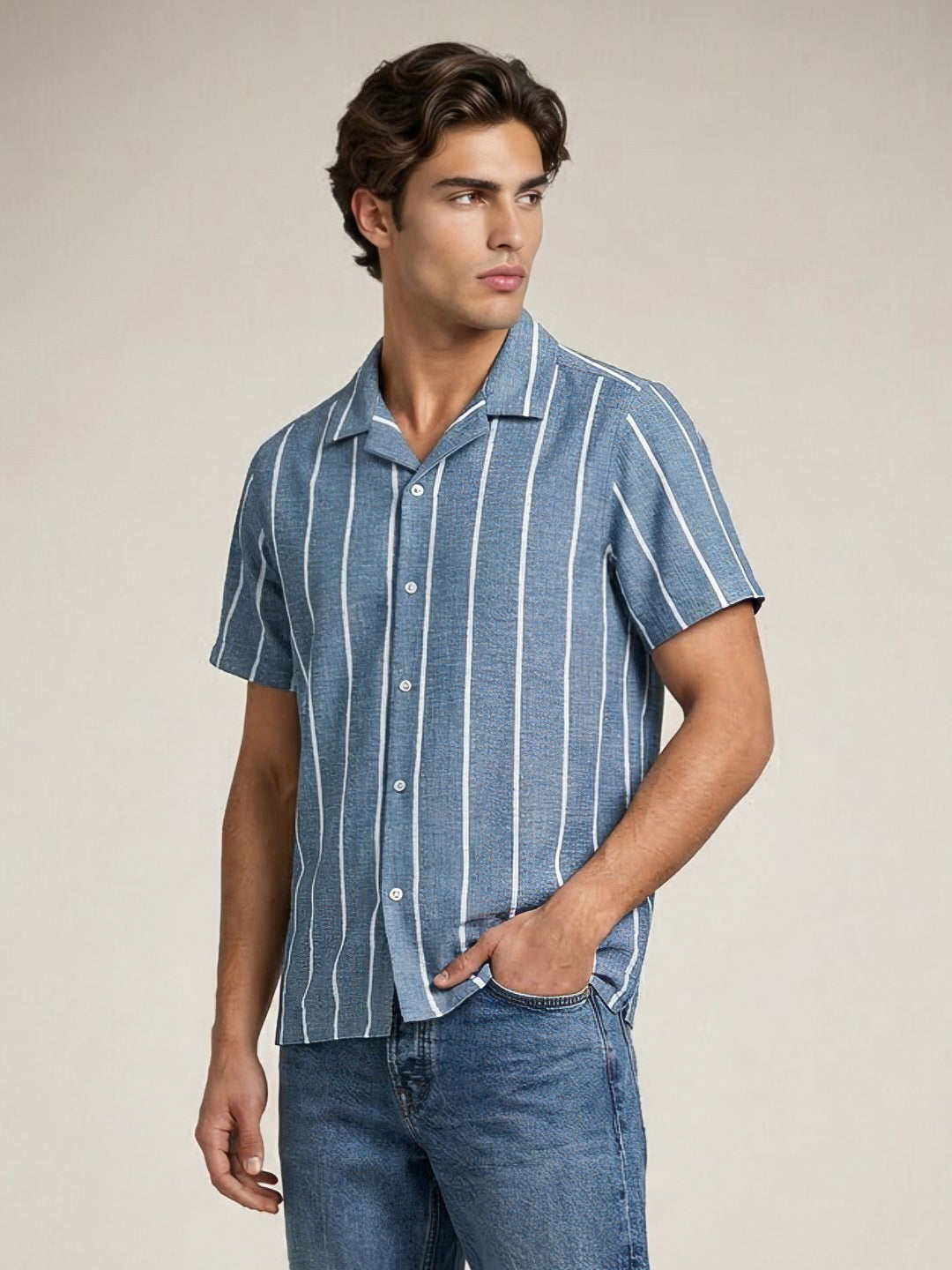 Men's Aqua Cotton Half Sleeve Relaxed Fit Linen Striped Shirt with Cuban Collar
