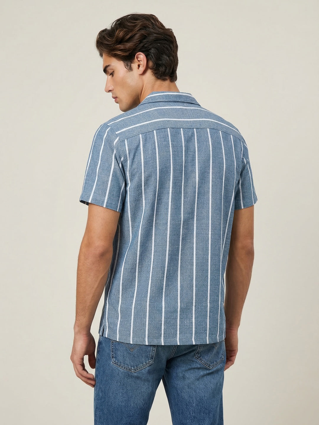 Men's Aqua Cotton Half Sleeve Relaxed Fit Linen Striped Shirt with Cuban Collar