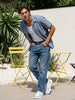 Men's Aqua Cotton Half Sleeve Relaxed Fit Linen Striped Shirt with Cuban Collar