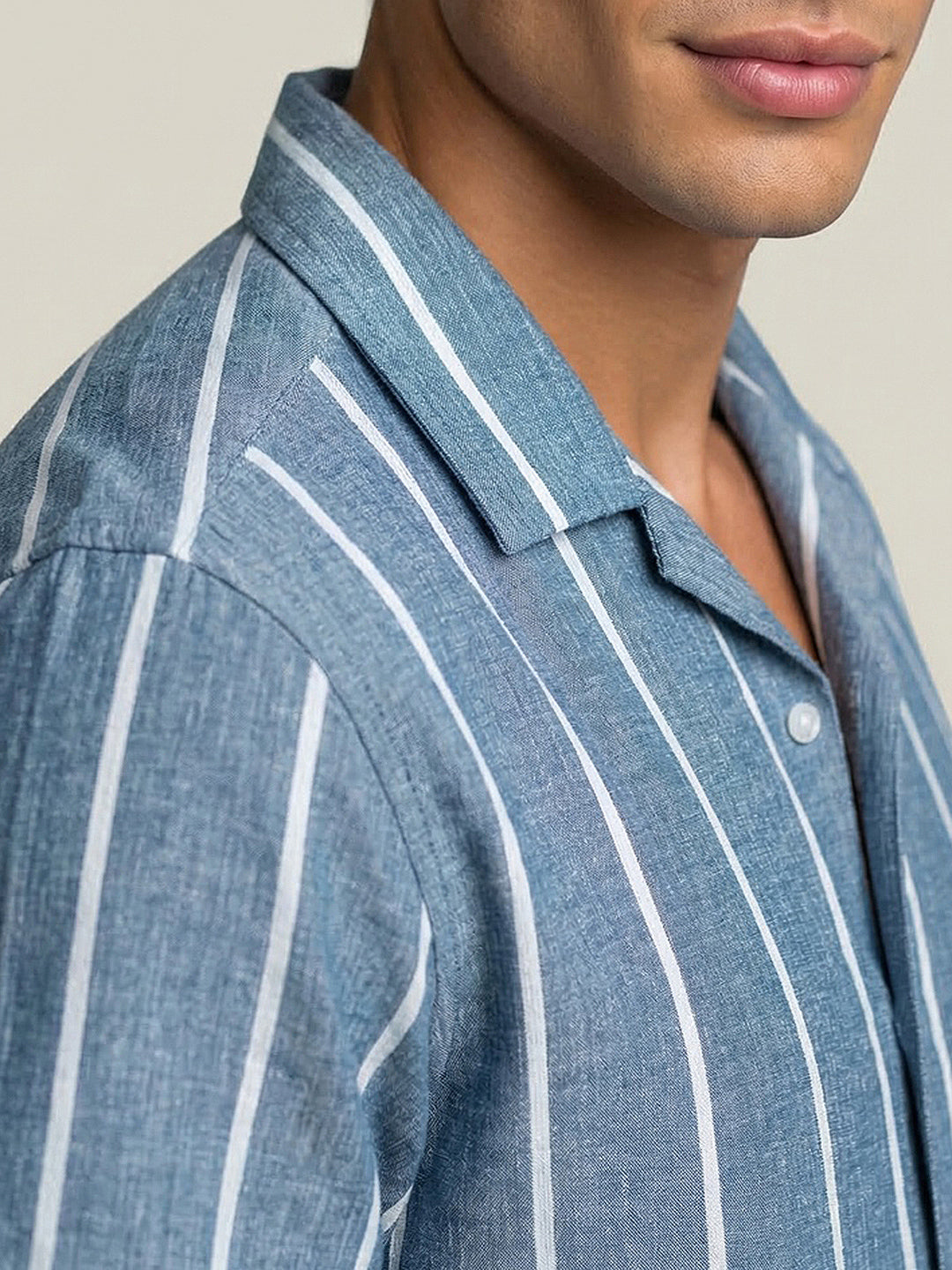 Men's Aqua Cotton Half Sleeve Relaxed Fit Linen Striped Shirt with Cuban Collar