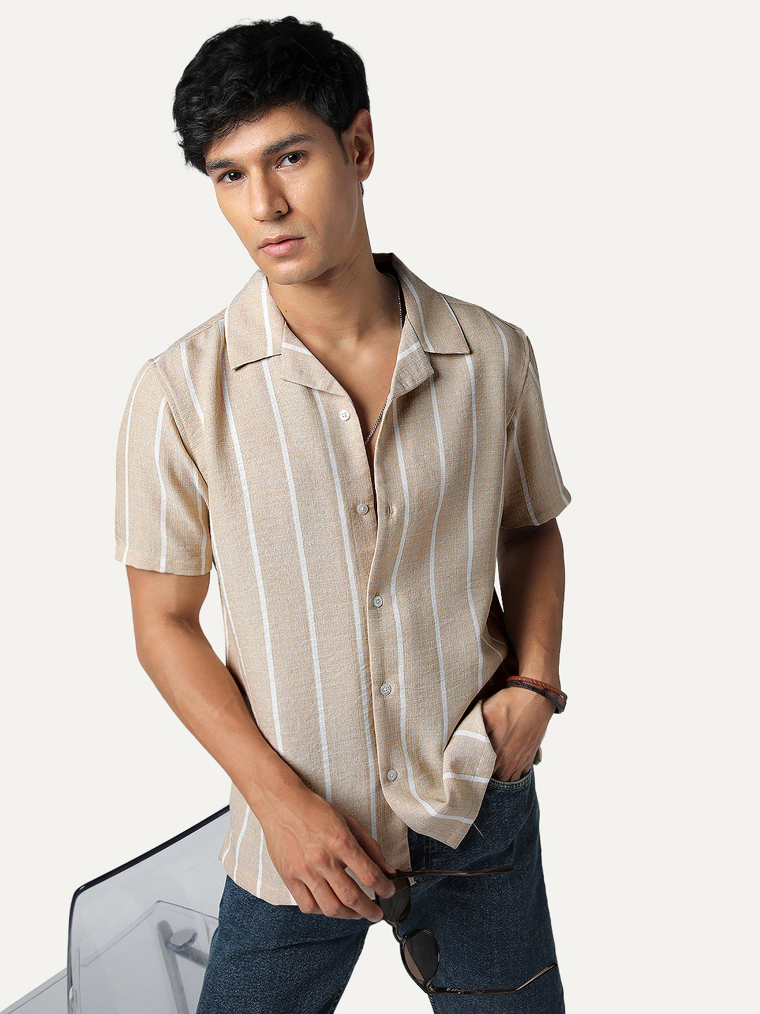 Men's Beige Cotton Half Sleeve Relaxed Fit Linen Striped Shirt with Cuban Collar