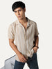 Men's Beige Cotton Half Sleeve Relaxed Fit Linen Striped Shirt with Cuban Collar