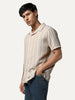 Men's Beige Cotton Half Sleeve Relaxed Fit Linen Striped Shirt with Cuban Collar