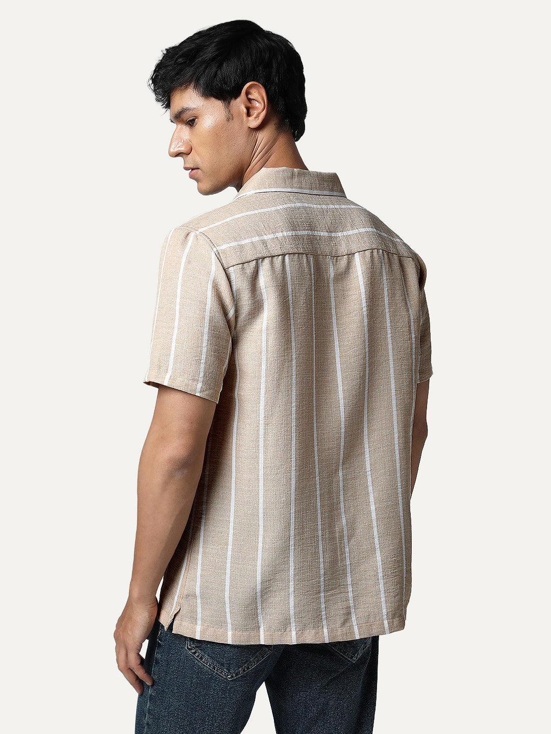 Men's Beige Cotton Half Sleeve Relaxed Fit Linen Striped Shirt with Cuban Collar