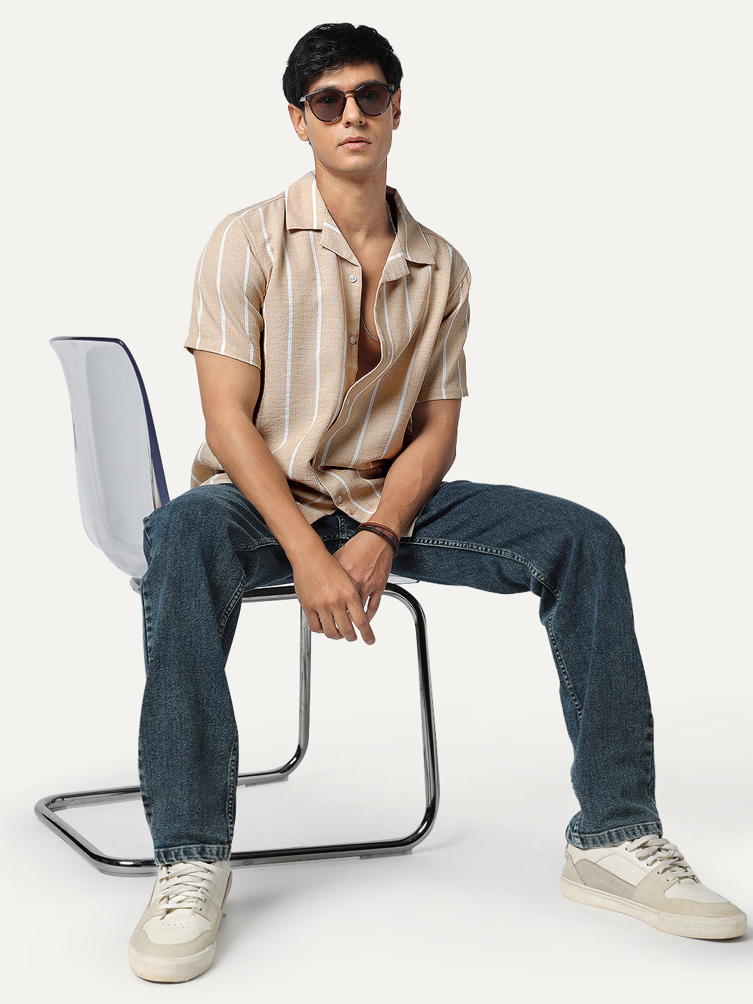 Men's Beige Cotton Half Sleeve Relaxed Fit Linen Striped Shirt with Cuban Collar