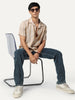 Men's Beige Cotton Half Sleeve Relaxed Fit Linen Striped Shirt with Cuban Collar