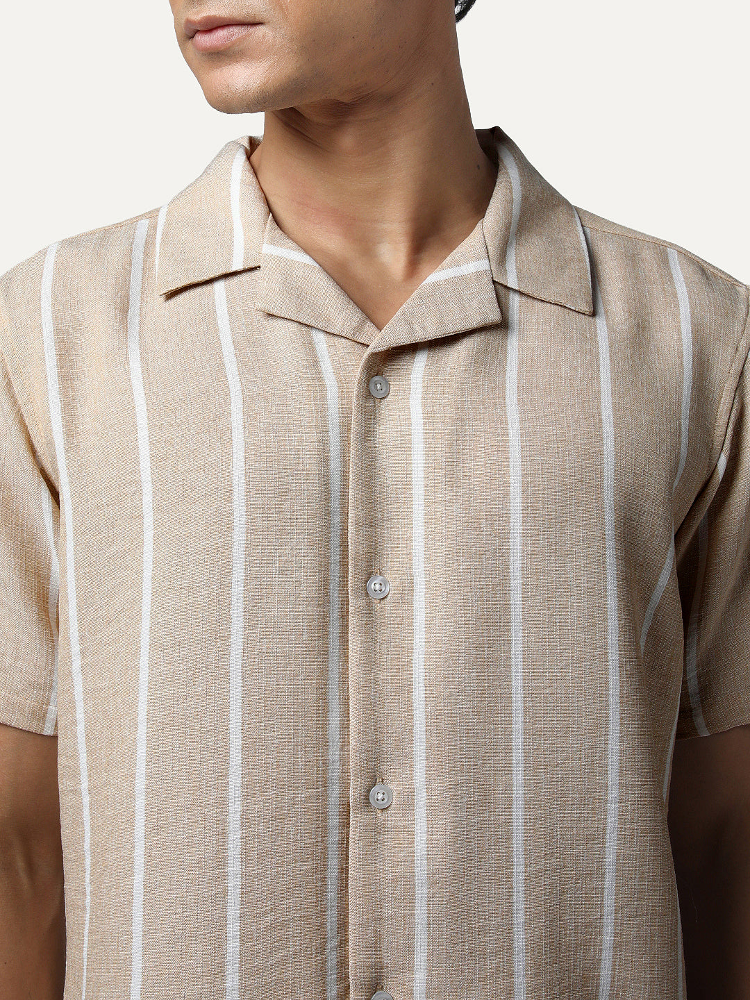Men's Beige Cotton Half Sleeve Relaxed Fit Linen Striped Shirt with Cuban Collar
