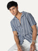 Men's Blue Cotton Half Sleeve Relaxed Fit Linen Striped Shirt with Cuban Collar