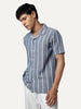 Men's Blue Cotton Half Sleeve Relaxed Fit Linen Striped Shirt with Cuban Collar