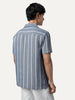 Men's Blue Cotton Half Sleeve Relaxed Fit Linen Striped Shirt with Cuban Collar