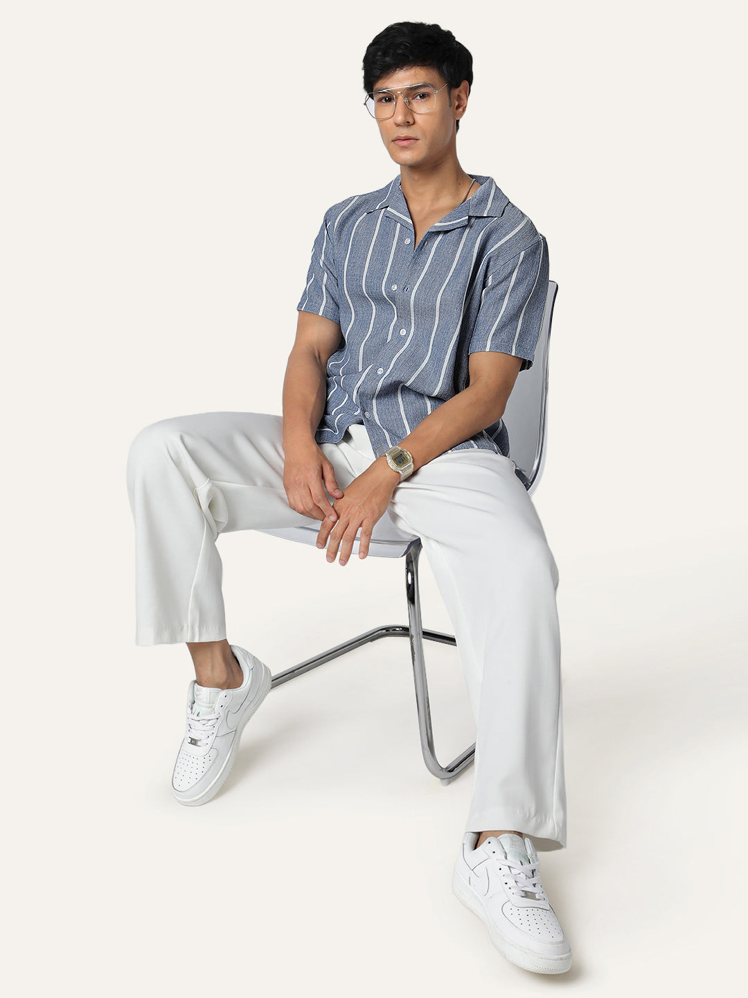 Men's Blue Cotton Half Sleeve Relaxed Fit Linen Striped Shirt with Cuban Collar