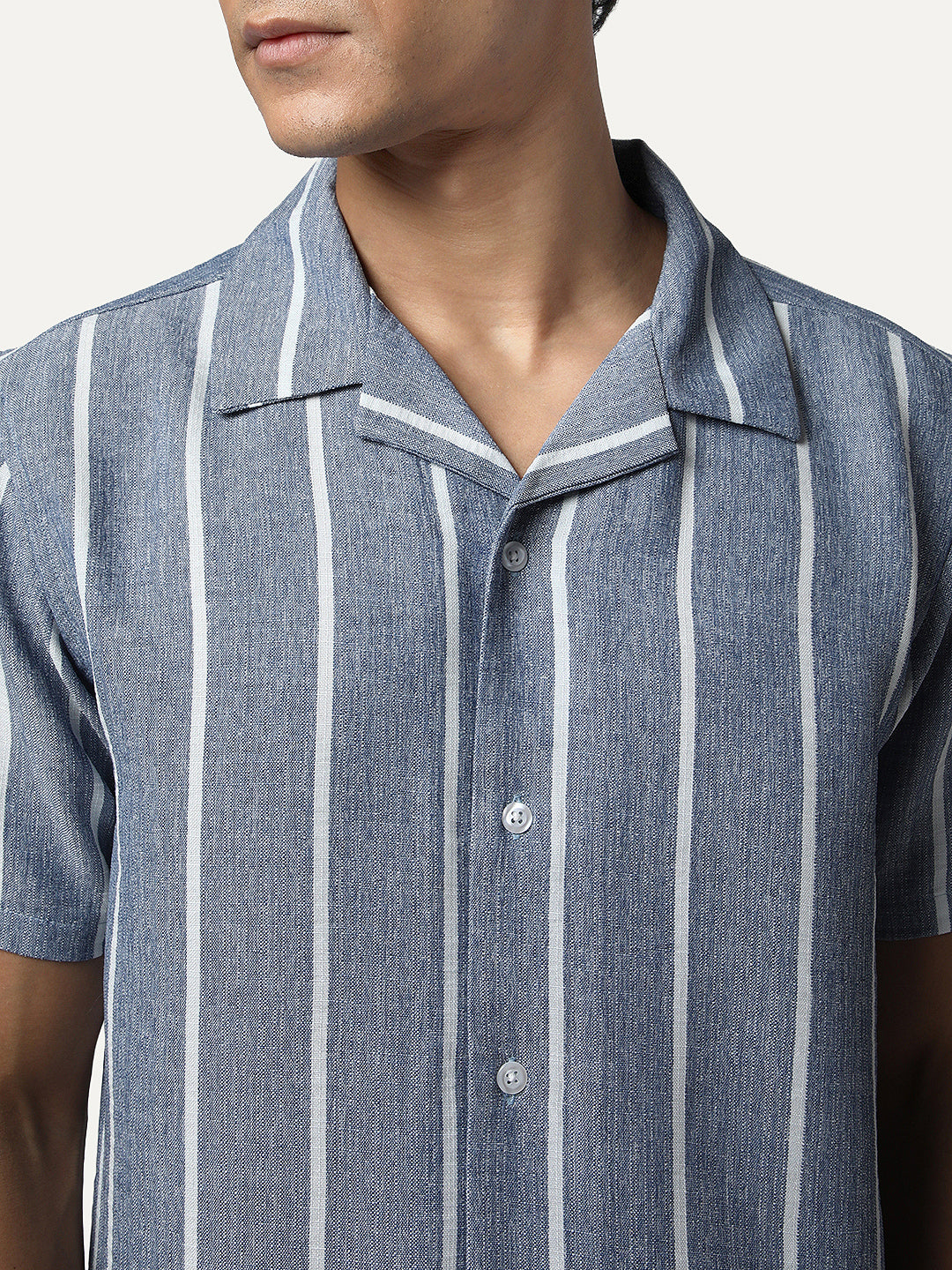 Men's Blue Cotton Half Sleeve Relaxed Fit Linen Striped Shirt with Cuban Collar