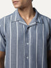 Men's Blue Cotton Half Sleeve Relaxed Fit Linen Striped Shirt with Cuban Collar