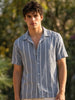 Men's Blue Cotton Half Sleeve Relaxed Fit Linen Striped Shirt with Cuban Collar