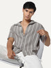 Men's Grey Cotton Half Sleeve Relaxed Fit Linen Striped Shirt with Cuban Collar