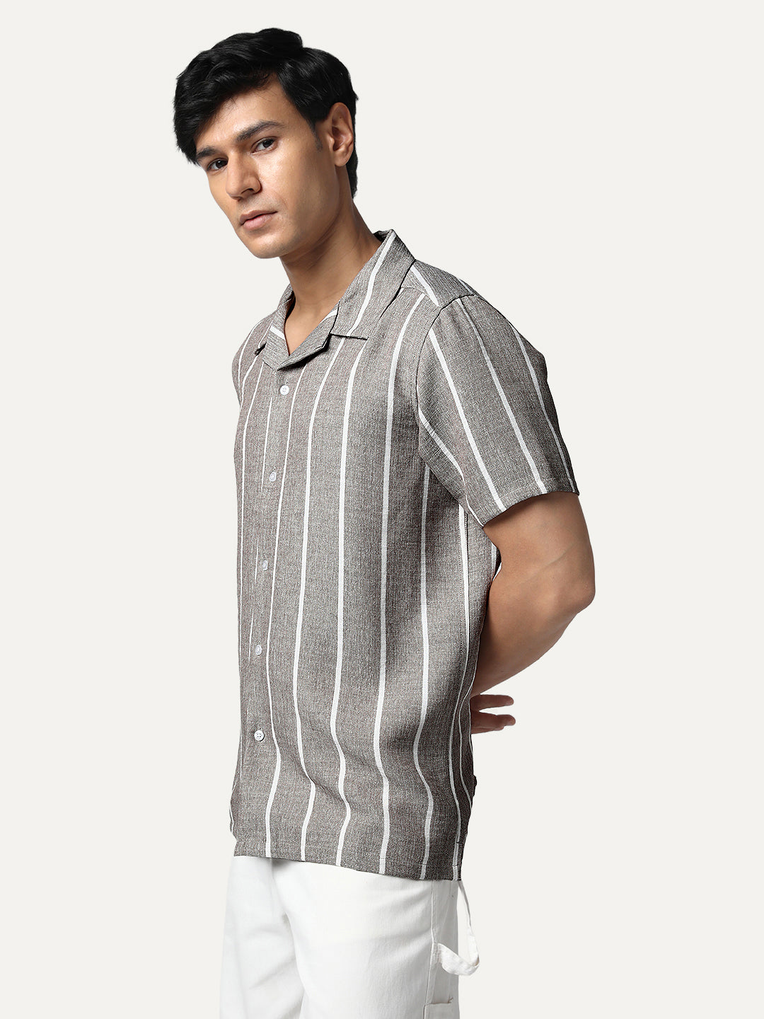 Men's Grey Cotton Half Sleeve Relaxed Fit Linen Striped Shirt with Cuban Collar