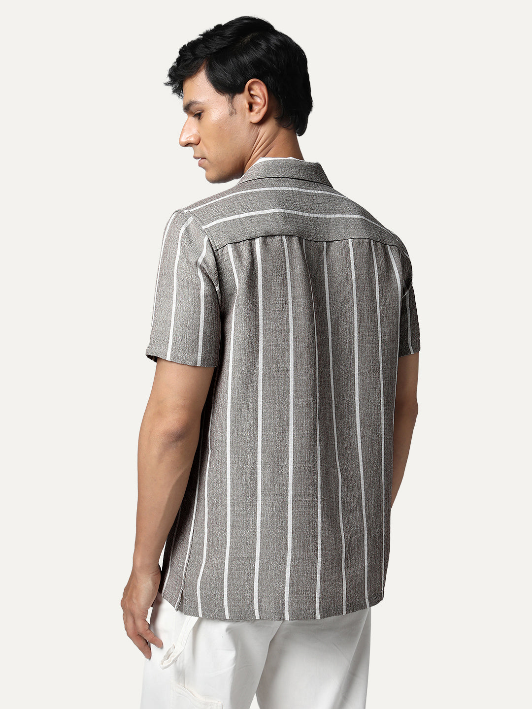 Men's Grey Cotton Half Sleeve Relaxed Fit Linen Striped Shirt with Cuban Collar