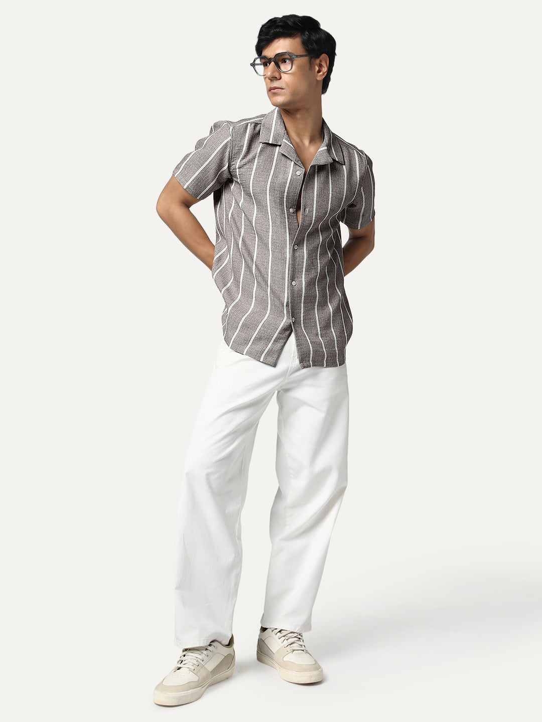 Men's Grey Cotton Half Sleeve Relaxed Fit Linen Striped Shirt with Cuban Collar
