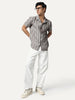 Men's Grey Cotton Half Sleeve Relaxed Fit Linen Striped Shirt with Cuban Collar