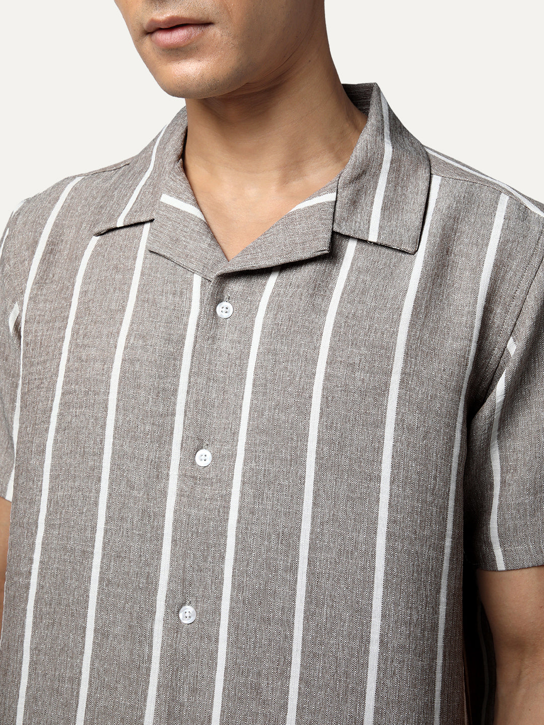 Men's Grey Cotton Half Sleeve Relaxed Fit Linen Striped Shirt with Cuban Collar
