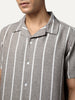 Men's Grey Cotton Half Sleeve Relaxed Fit Linen Striped Shirt with Cuban Collar