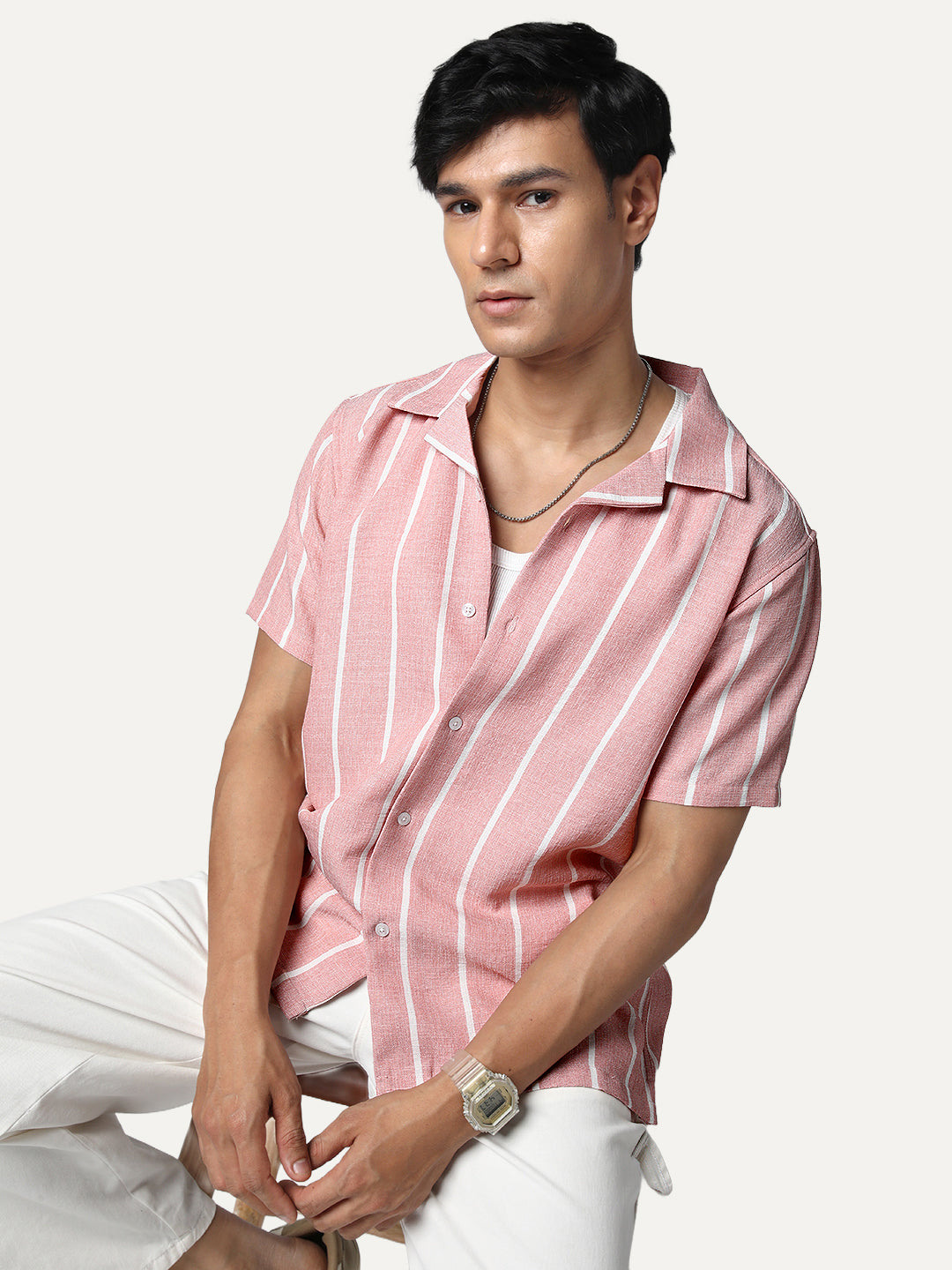 Men's Pink Cotton Half Sleeve Relaxed Fit Linen Striped Shirt with Cuban Collar