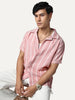 Men's Pink Cotton Half Sleeve Relaxed Fit Linen Striped Shirt with Cuban Collar