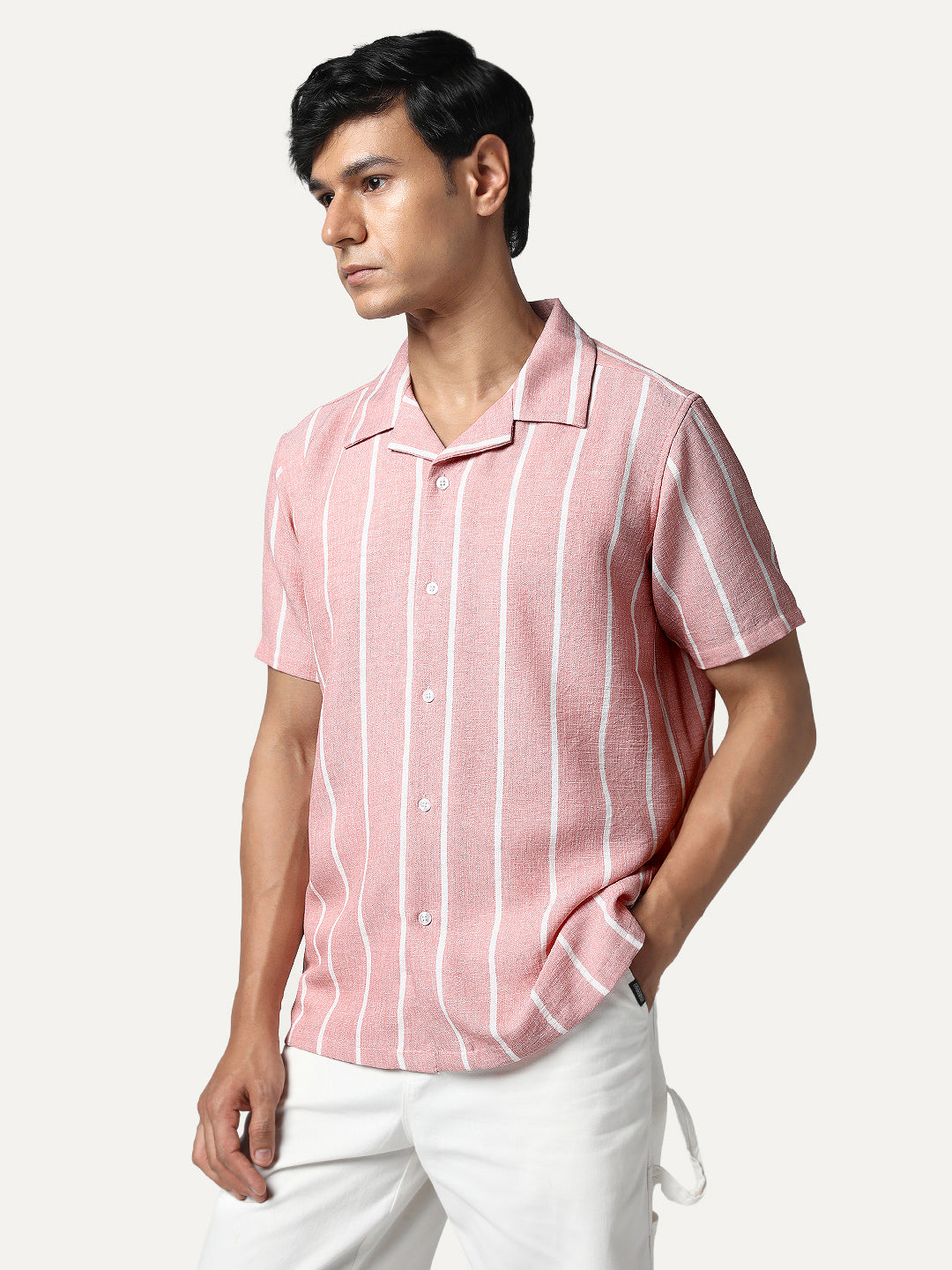 Men's Pink Cotton Half Sleeve Relaxed Fit Linen Striped Shirt with Cuban Collar