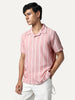 Men's Pink Cotton Half Sleeve Relaxed Fit Linen Striped Shirt with Cuban Collar