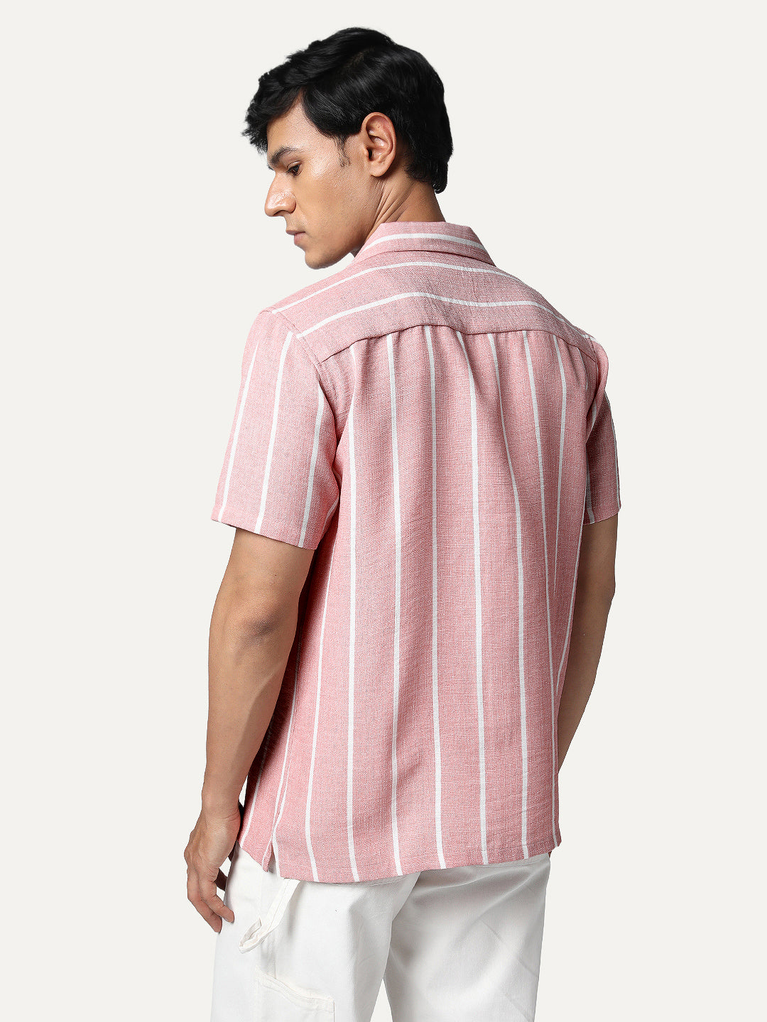 Men's Pink Cotton Half Sleeve Relaxed Fit Linen Striped Shirt with Cuban Collar