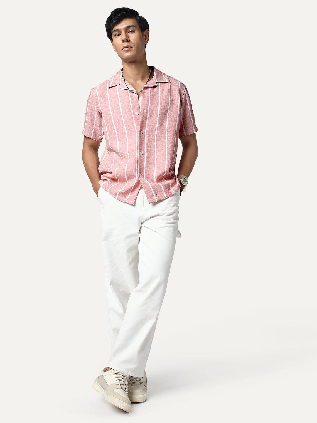 Men's Pink Cotton Half Sleeve Relaxed Fit Linen Striped Shirt with Cuban Collar