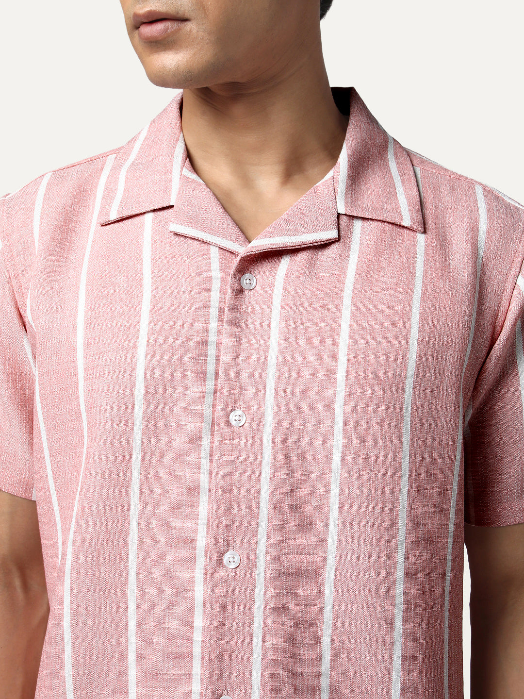 Men's Pink Cotton Half Sleeve Relaxed Fit Linen Striped Shirt with Cuban Collar