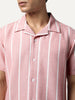 Men's Pink Cotton Half Sleeve Relaxed Fit Linen Striped Shirt with Cuban Collar
