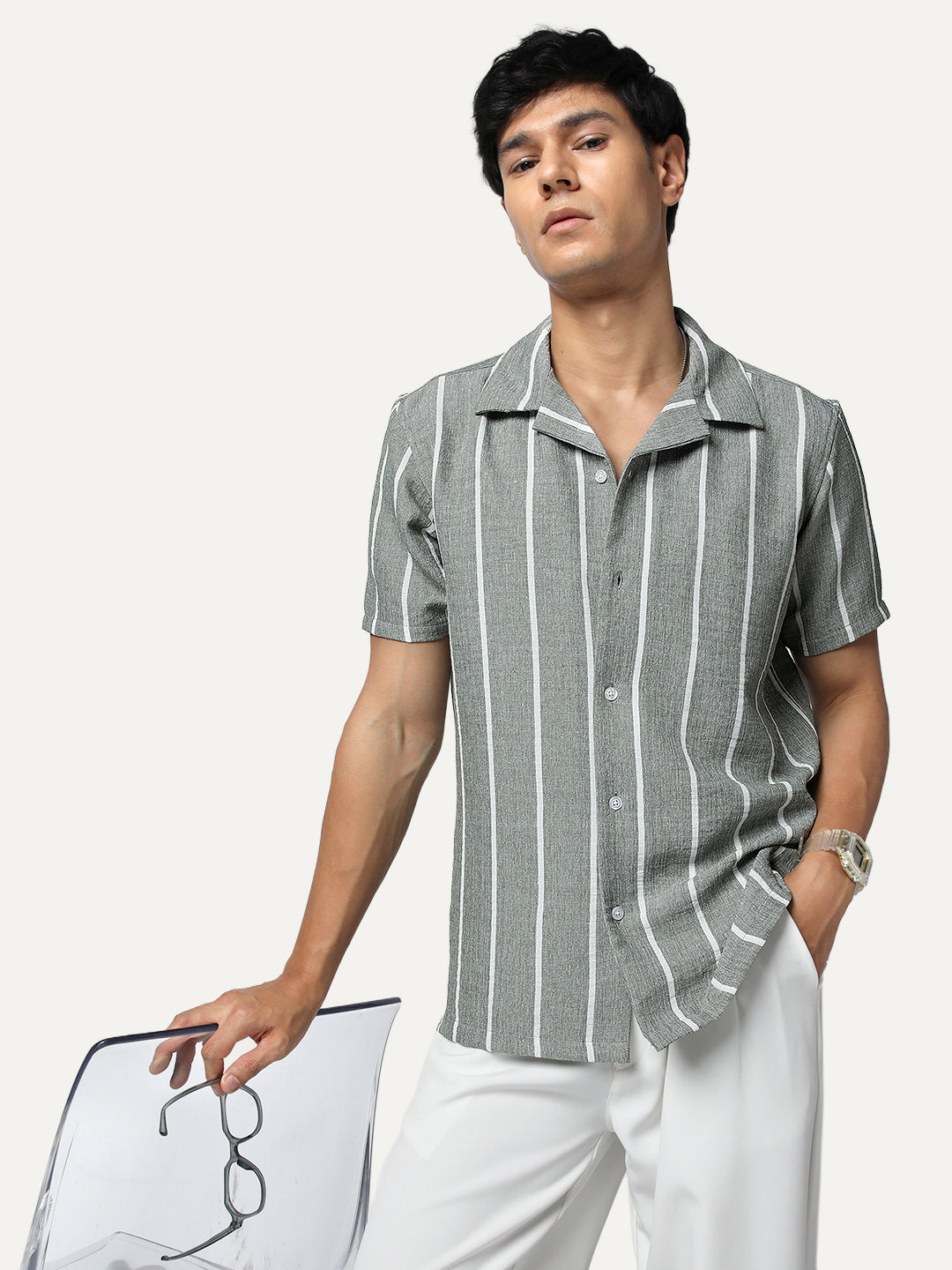 Men's Steel Cotton Half Sleeve Relaxed Fit Linen Striped Shirt with Cuban Collar