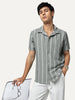 Men's Steel Cotton Half Sleeve Relaxed Fit Linen Striped Shirt with Cuban Collar