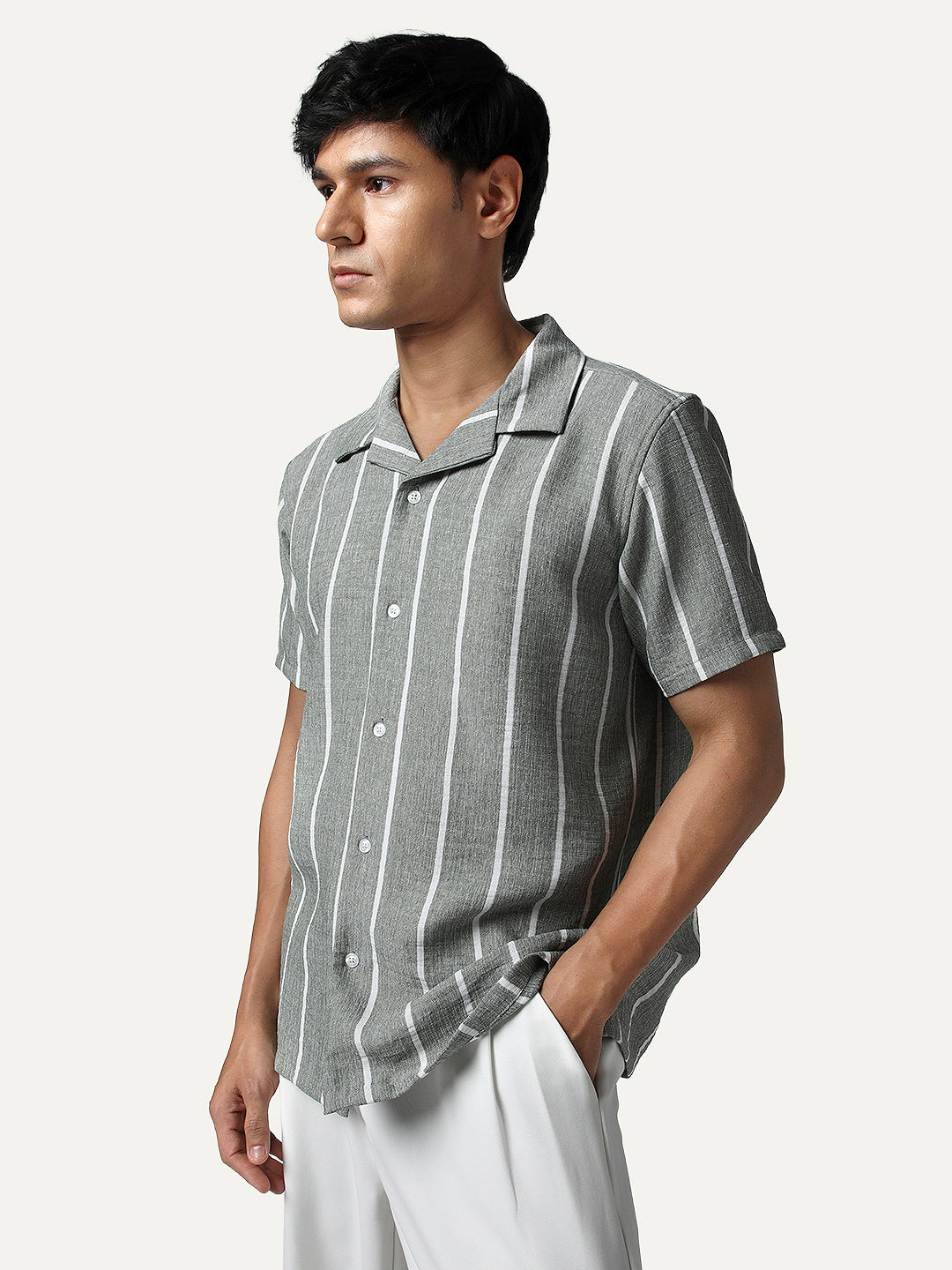 Men's Steel Cotton Half Sleeve Relaxed Fit Linen Striped Shirt with Cuban Collar