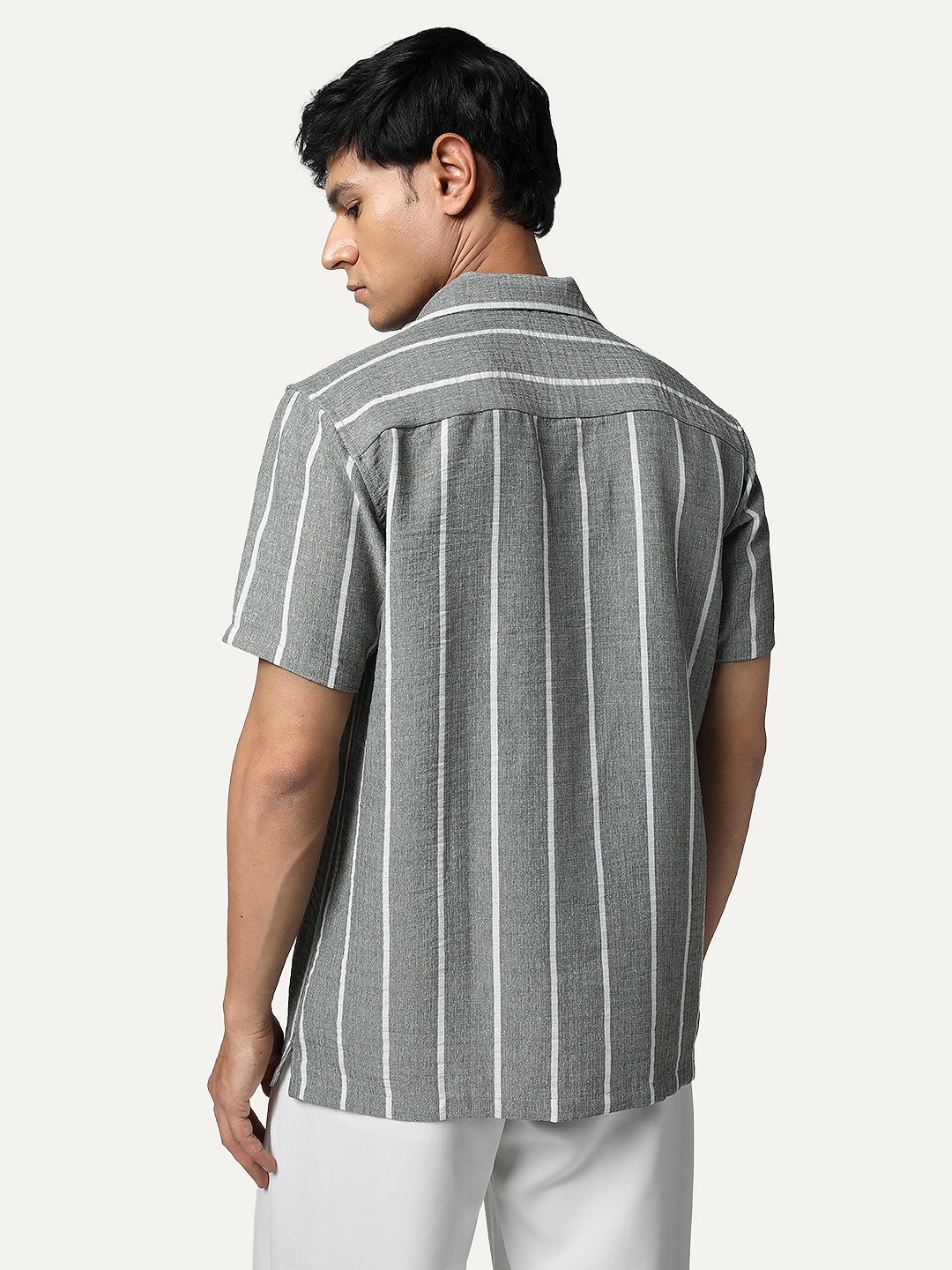 Men's Steel Cotton Half Sleeve Relaxed Fit Linen Striped Shirt with Cuban Collar
