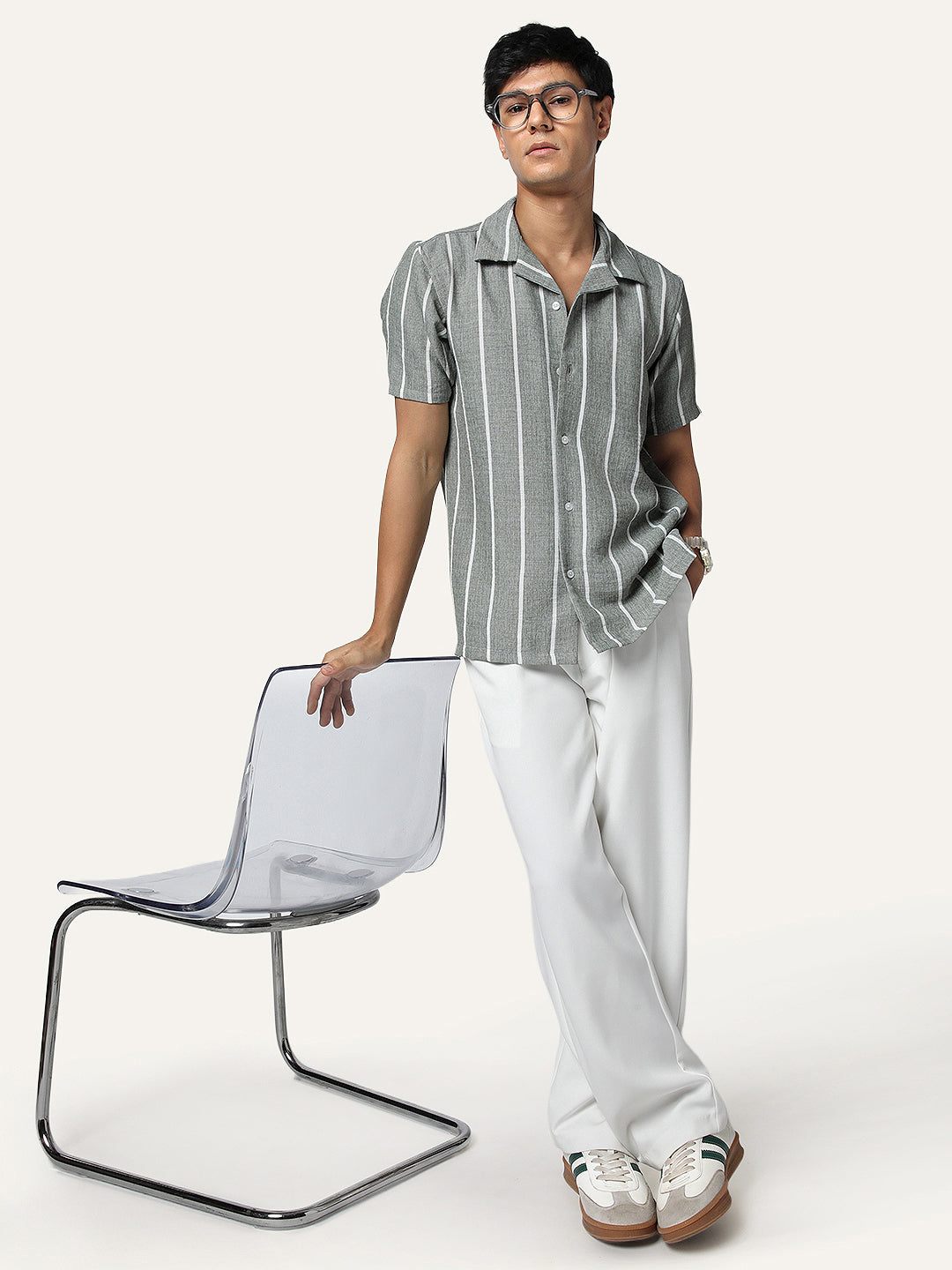 Men's Steel Cotton Half Sleeve Relaxed Fit Linen Striped Shirt with Cuban Collar