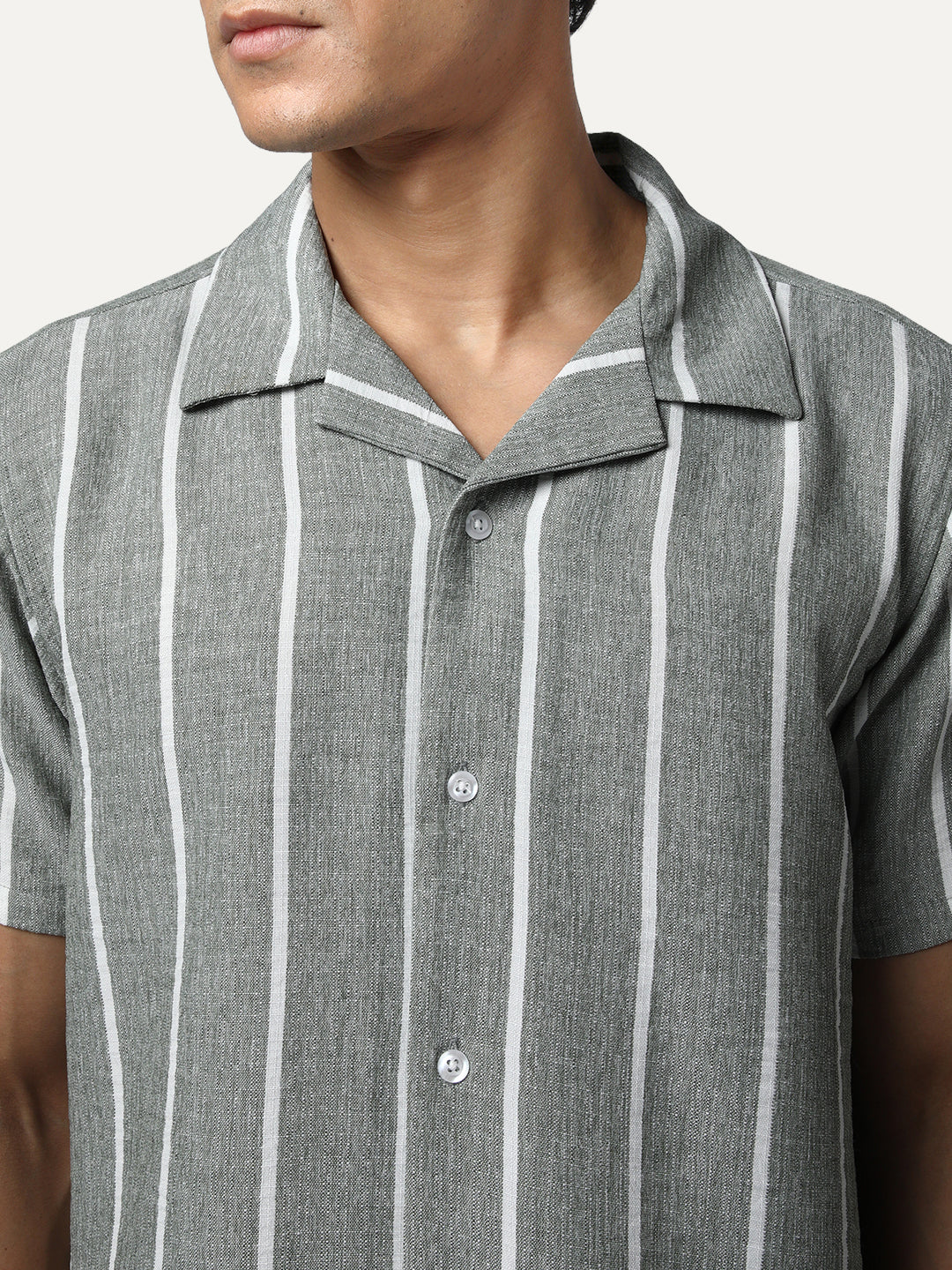 Men's Steel Cotton Half Sleeve Relaxed Fit Linen Striped Shirt with Cuban Collar