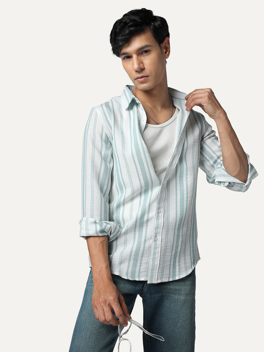 Men's Light Blue Cotton Full Sleeve Relaxed Fit Linen Striped Shirt with Spread Collar
