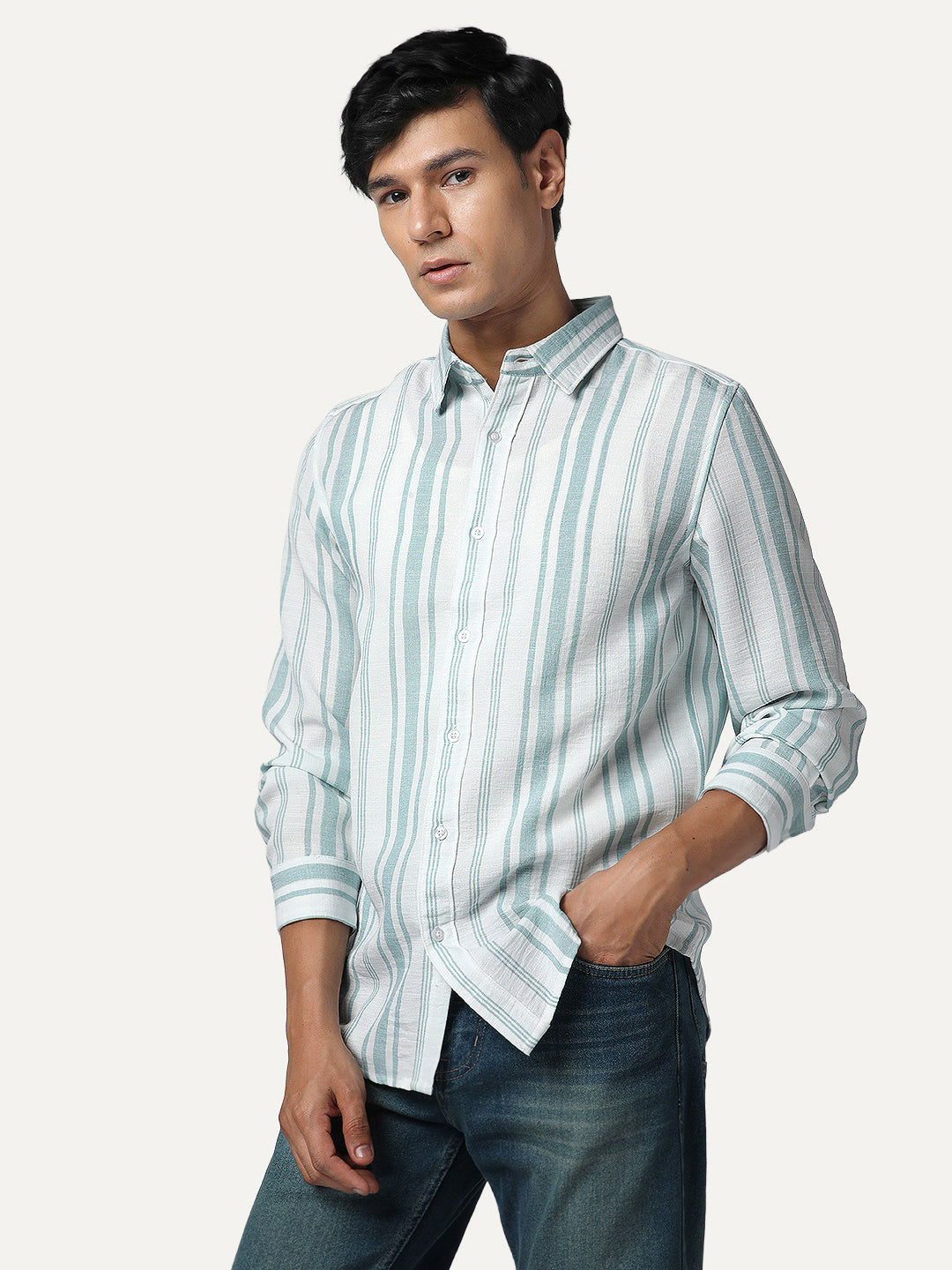 Men's Light Blue Cotton Full Sleeve Relaxed Fit Linen Striped Shirt with Spread Collar