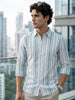 Men's Light Blue Cotton Full Sleeve Relaxed Fit Linen Striped Shirt with Spread Collar
